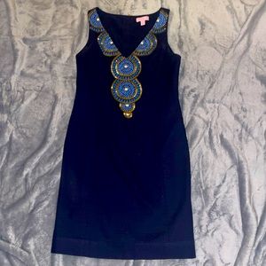 EUC Lilly Pulitzer sz 2 navy blue dress with gold and blue beading